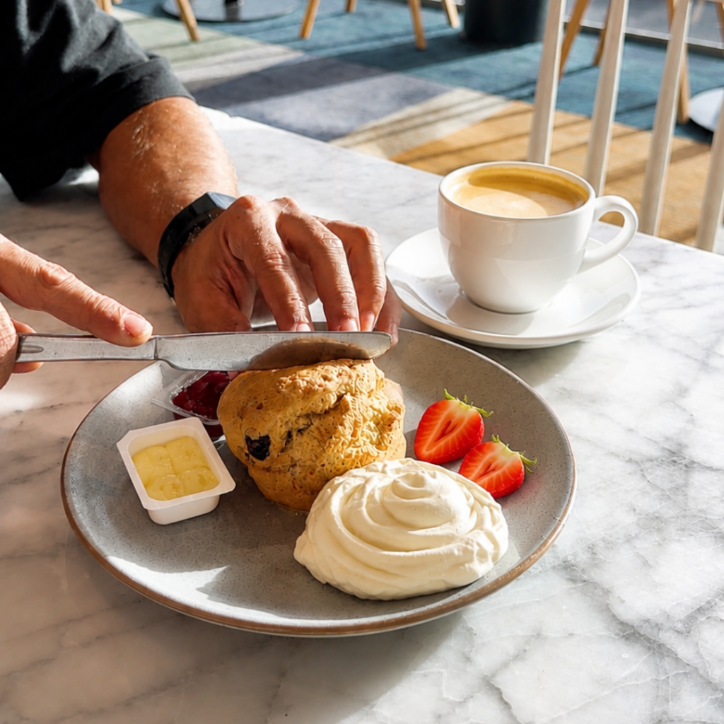 Guest enjoying a Devonshire tea at ibis Styles The Entrance, featuring a freshly baked scone with jam, butter, whipped cream, fresh strawberries, and a hot coffee as part of the Winter by the Water package.