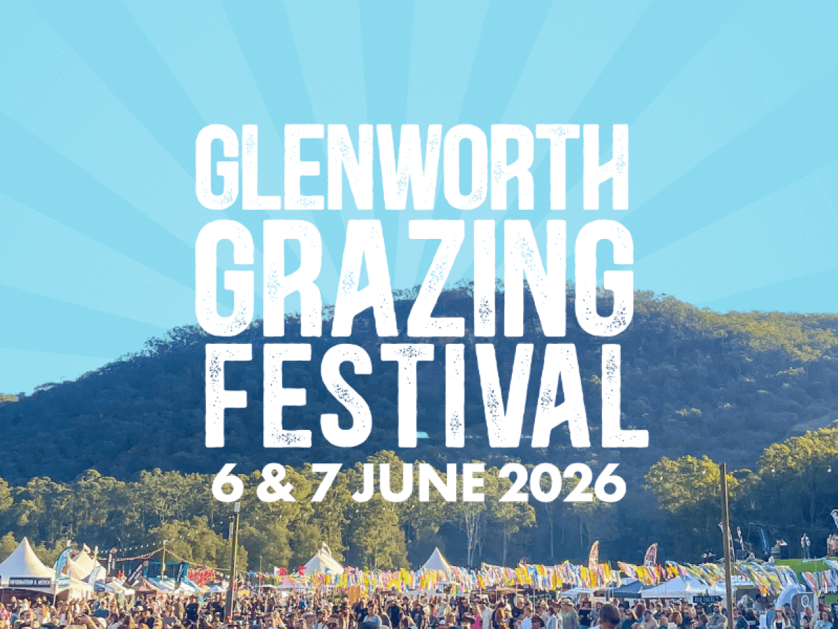 Promotional banner for the Glenworth Grazing Festival featuring a crowd at an outdoor festival with mountains in the background and bold white text reading “Glenworth Grazing Festival, 6 & 7 June 2026.”