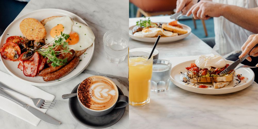 Breakfast and café dining at Diggers The Entrance, featuring barista-made coffee, hearty cooked breakfasts and guests enjoying meals overlooking the Central Coast.