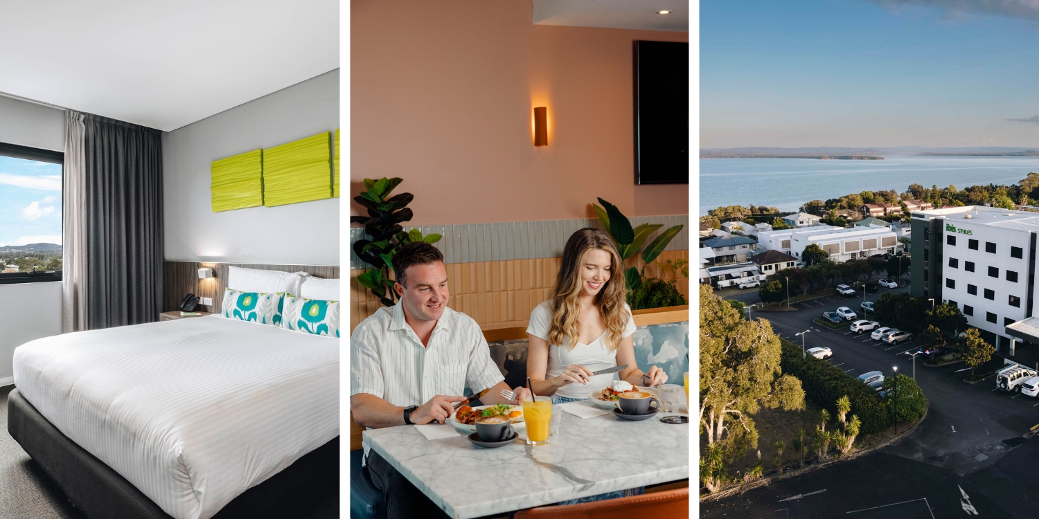 Modern guest room, onsite dining and aerial view of ibis Styles The Entrance overlooking Tuggerah Lake.