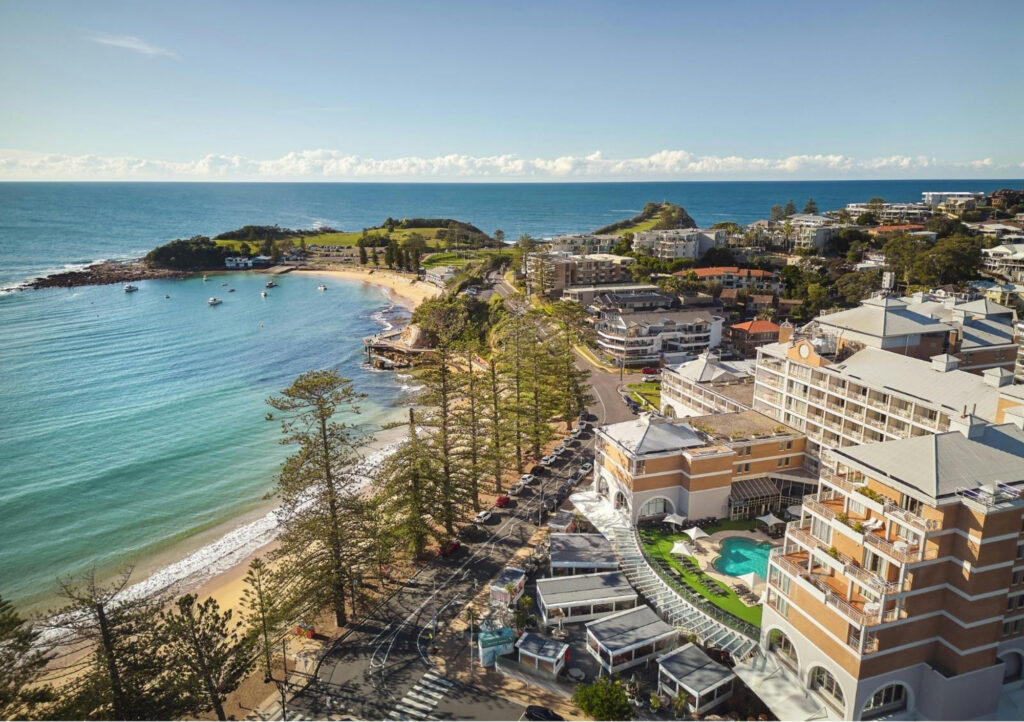 Aerial view of Terrigal Beach and the coastal town of Terrigal on the NSW Central Coast.