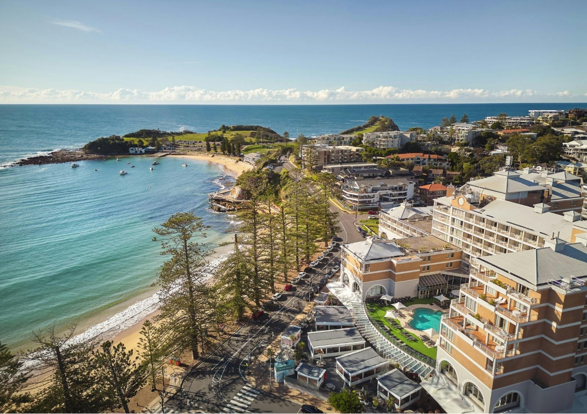 Aerial view of Terrigal Beach and the coastal town of Terrigal on the NSW Central Coast.