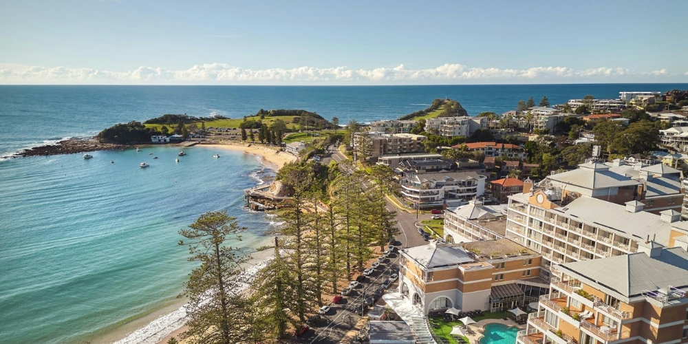 Aerial view of Terrigal Beach and the coastal town of Terrigal on the NSW Central Coast.