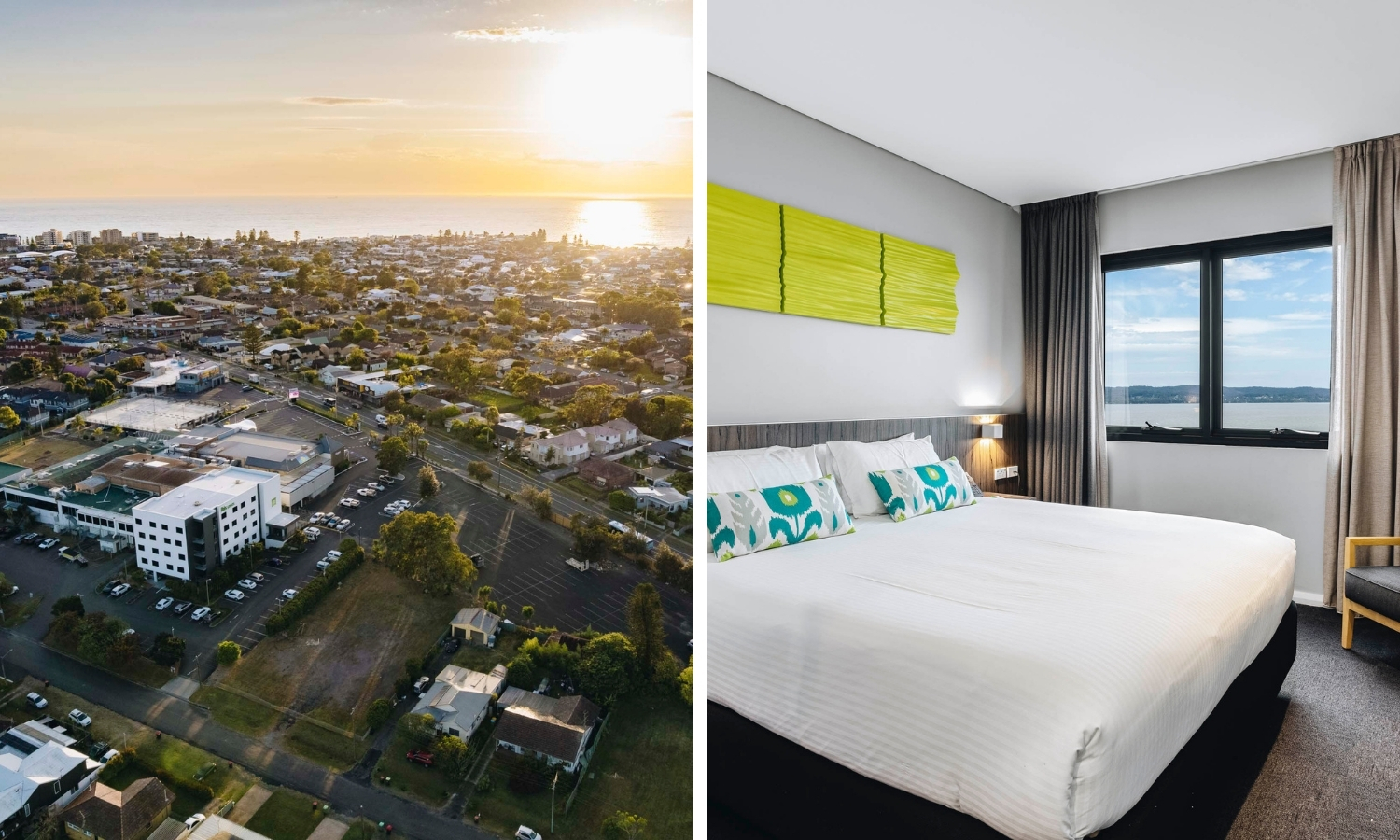 Aerial view of Ibis Styles The Entrance near the Central Coast waterfront alongside a guest room with water views.