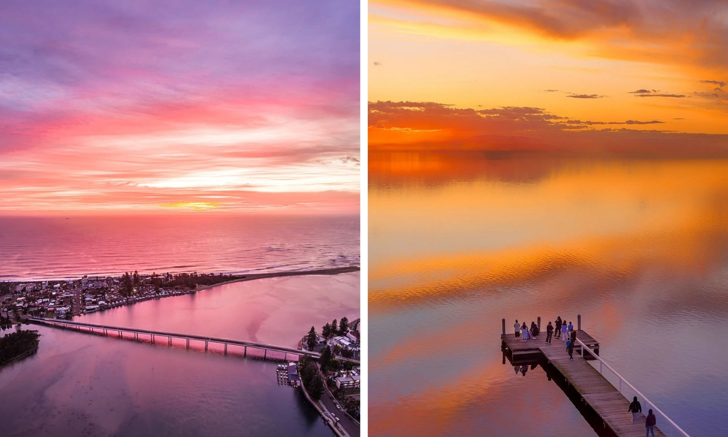 Colourful sunset views over The Entrance and Long Jetty, with pink and orange skies reflecting across Tuggerah Lake.