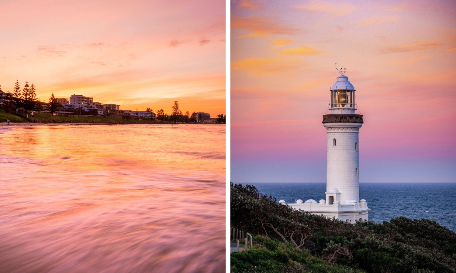 Sunrise views of The Entrance Beach and Norah Head Lighthouse, with soft pink and orange skies over the Central Coast coastline.